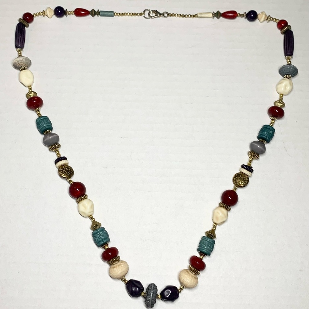 Vintage 30” multi colored beaded necklace.